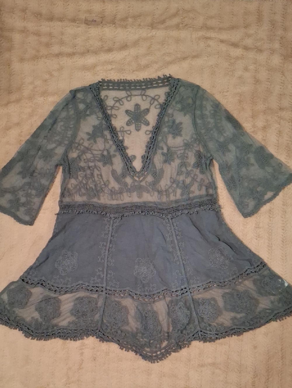 A Classy Chic Boutique Dusty Blue Lace V-Neck Tunic Top